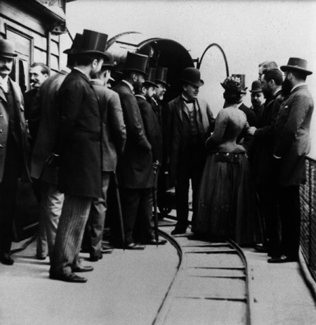 Photo of Thomas Edison's visit to the top of the Eiffel Tower