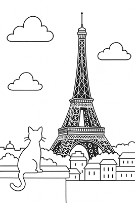 Eiffel Tower Cat Coloring Page