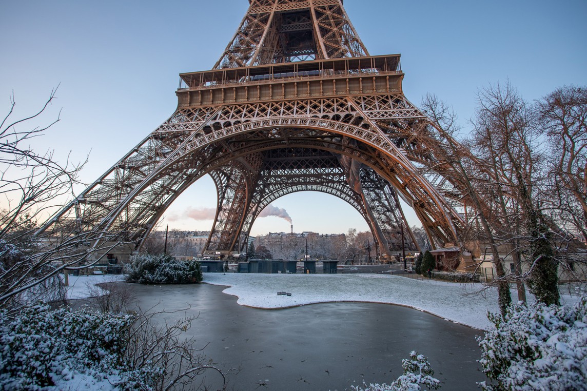 Eiffel Tower gardens under the snow